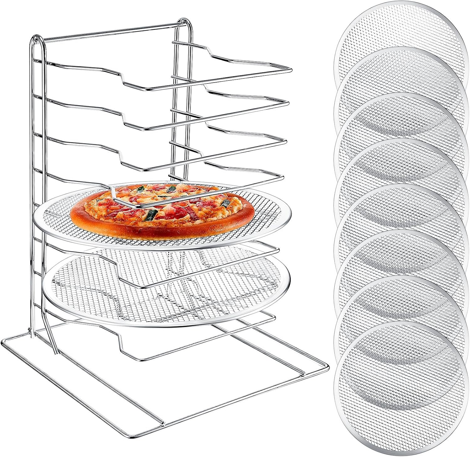 Kitchen Baking Products - ピザラック 8段スタンド、穴あきアルミ製ベーキングパン8枚付き、業務用ピザ陳列棚、家庭用・レストラン・キッチン用カウンタートップ冷却ラックセット、12インチ