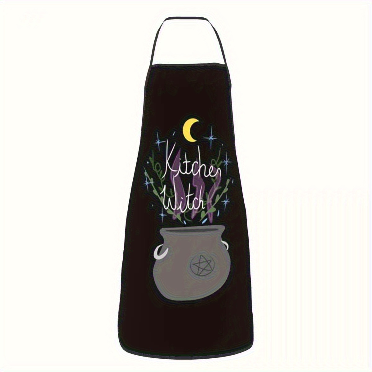Kitchen Witch Baking - 魔女のキッチンエプロン1枚、釜付き、月と星のデザイン、ウィッカ魔女テーマ、大人用ユニセックスブラックの料理・ベーキングエプロン