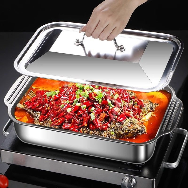 Kitchen Baking Products - ステンレス製の深いベーキングパン、蓋付き、多機能長方形オーブン対応ベーキングパン、キッチン用シーフードグリル魚用パン
