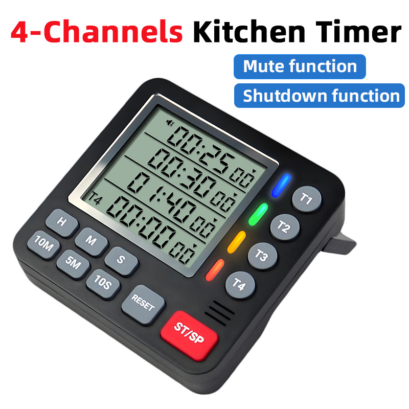 Kitchen Baking Timer - デジタルキッチンタイマー 4チャンネル 大型ディスプレイ、大音量アラーム 磁気タイマー カウントダウン/アップ ストップウォッチタイマー
