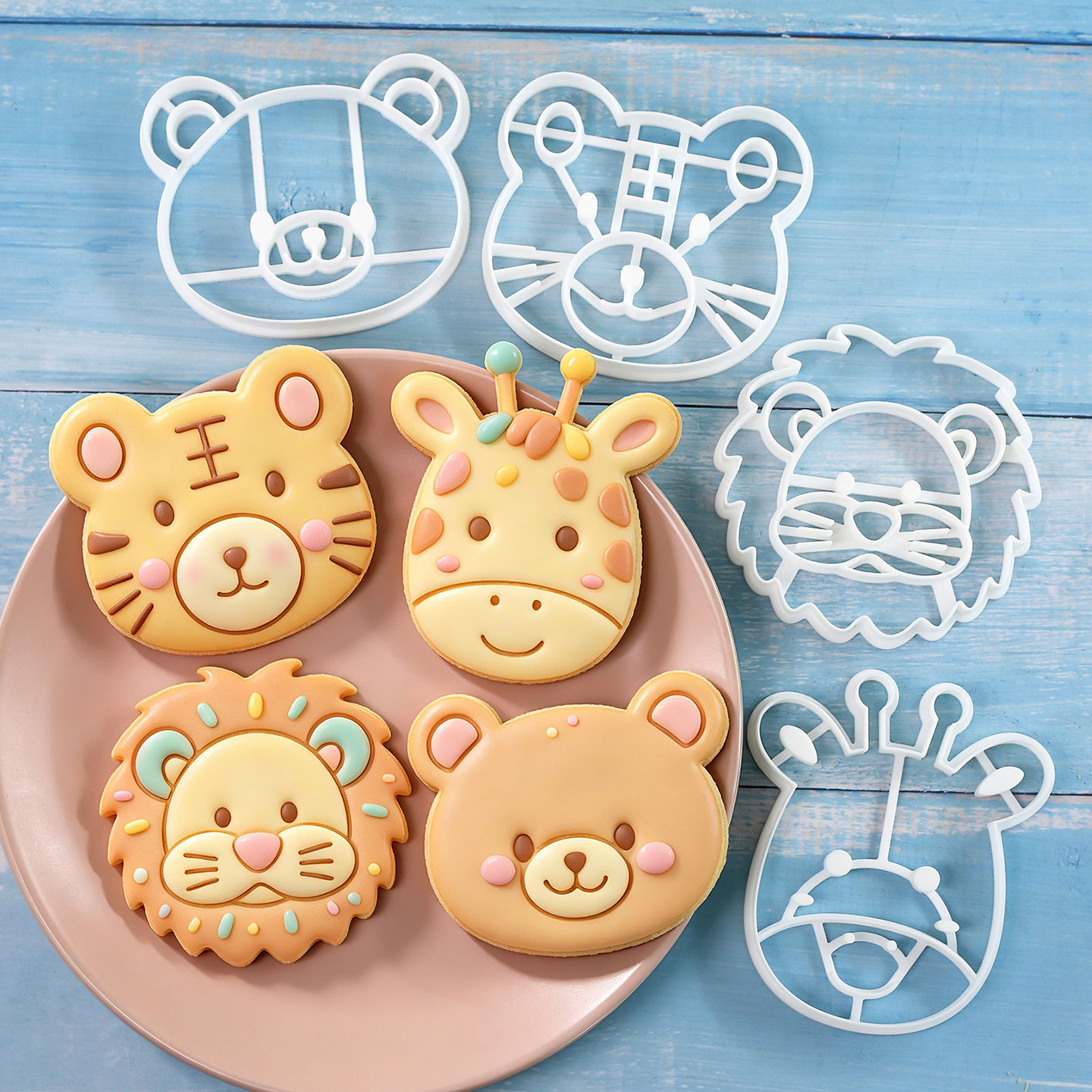 Kitchen Baking Products - 4個入り動物型クッキーカッターセット 3Dキュートなライオン、トラ、キリン、クマのベーキングツール 製菓用具 ケーキ、パイ、カップケーキ用 家庭用キッチン用品