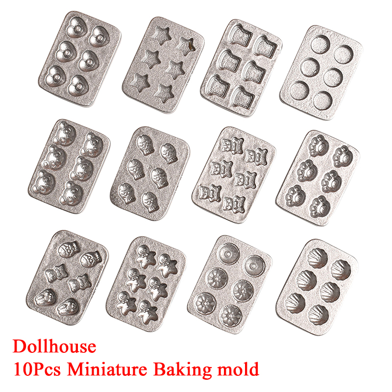 Kitchen For Baking - 10 個ドールハウスミニチュアミニケーキベーキングモールドキッチンシーンミニプレートジンジャーブレッドマンハートベーキングトレイモデル装飾
