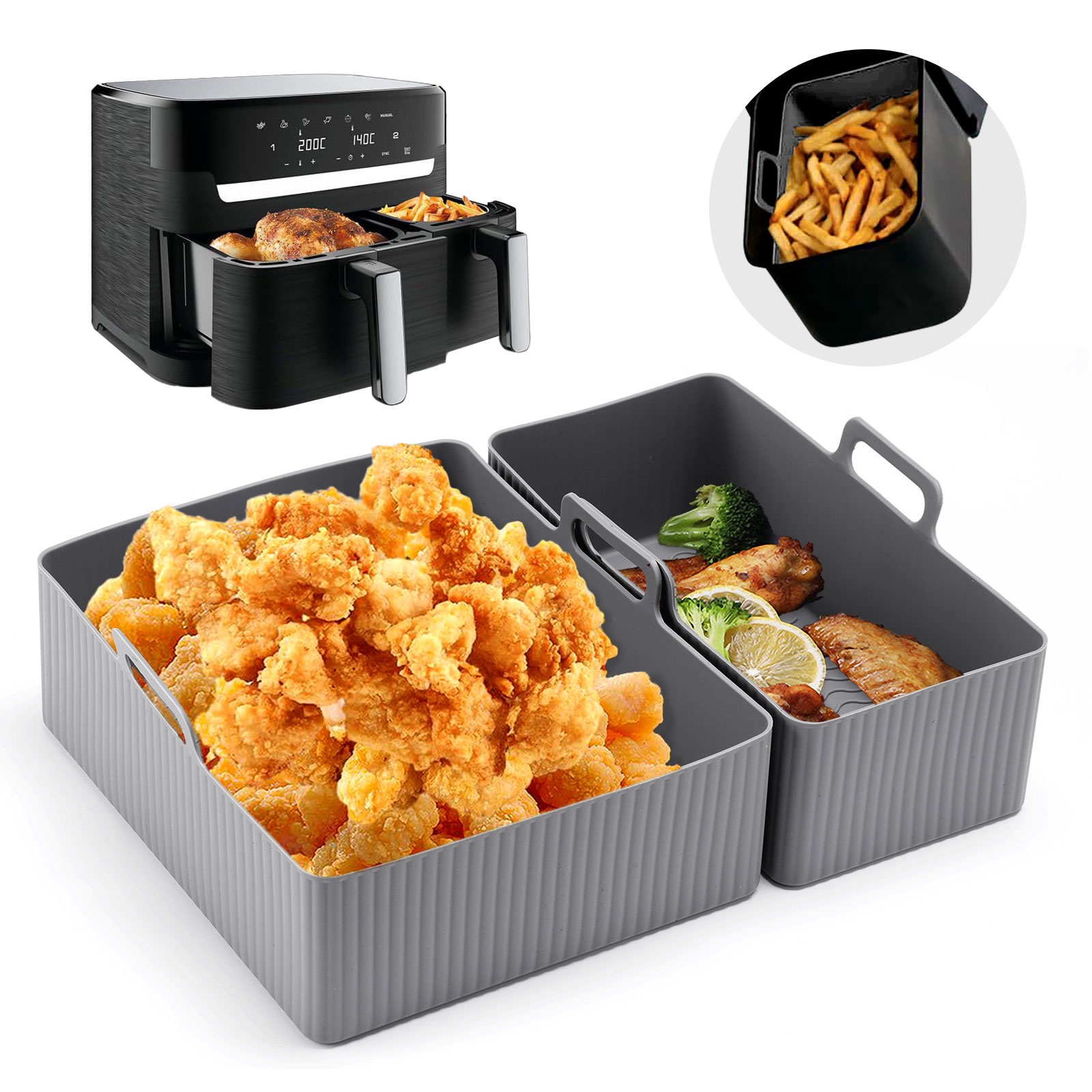 Kitchen Baking Tray Set - 再利用可能なシリコンエアフライヤーマット、ベーキングパン型、オーブントレイパッド、焦げ付き防止バスケット、ライナーポット、キッチンツール、1セットあたり2個