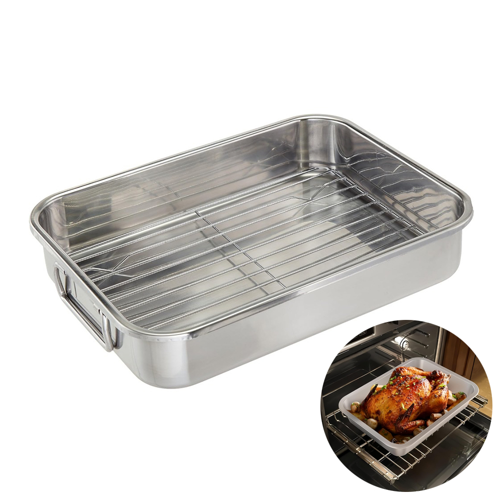 Kitchen Baking Tray Set - ラック付きステンレス製ロースト缶、ローストに最適、大きな一般的な肉と野菜、クリスマスキッチンツール、1セット