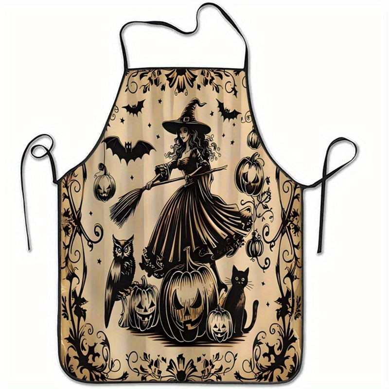 Kitchen Witch Baking - 1pc 魔女ほうき カボチャ ハロウィンをテーマにしたポリエステルエプロン 袖なし、軽量で耐久性があり、家庭用キッチン、ベーキング、グリルに最適
