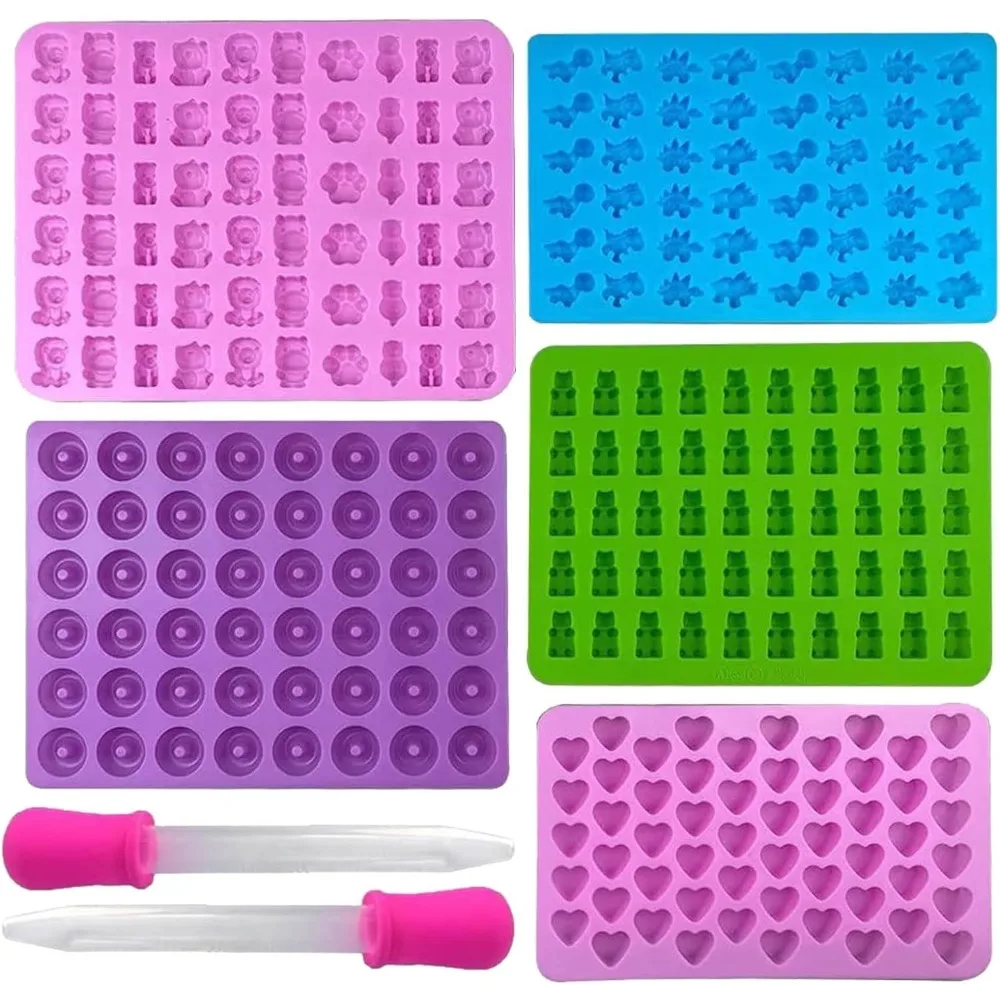 Kitchen Baking Tray Set - 5 個のキャンディシリコンモールド 2 ドロッパーセット付きキャンディグミモールドゼリートレイモールドセット再利用可能なキャンディベーキングモールドキッチンツール