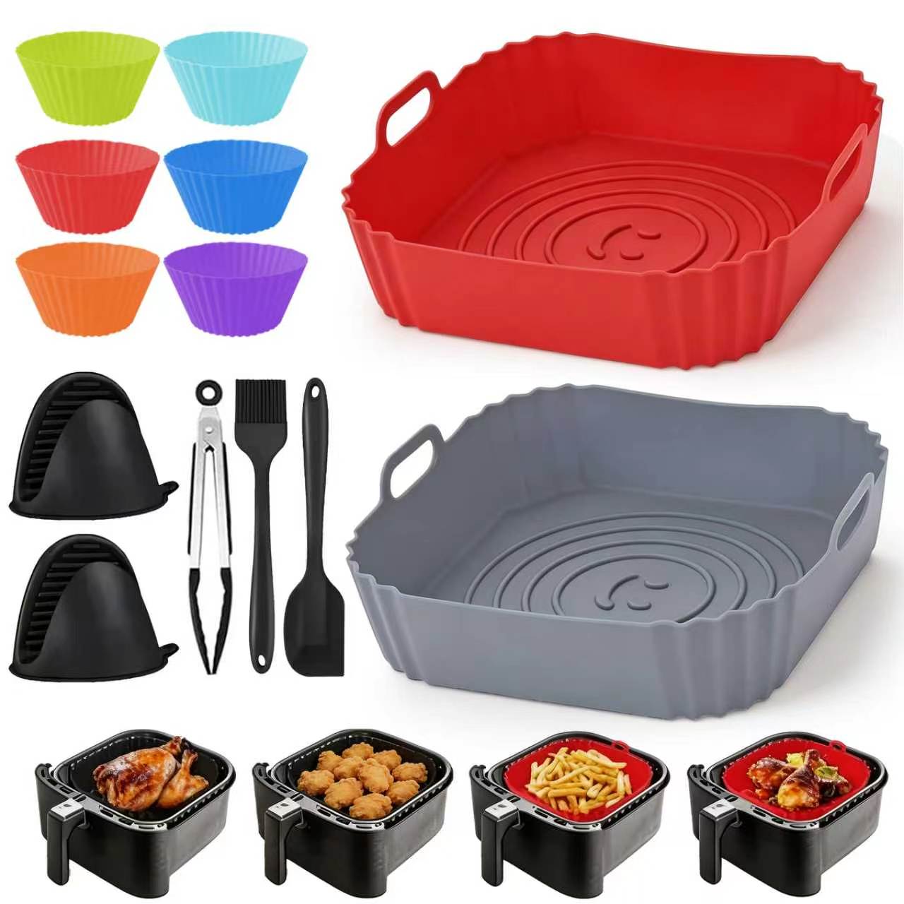 Kitchen Baking Tray Set - 2個入り 再利用可能 正方形 シリコン製 エアフライヤーバスケットセット ノンスティック