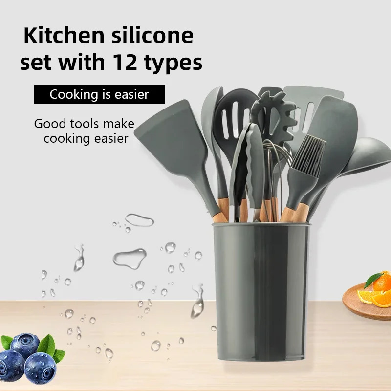 12点セット 木製ハンドル シリコン製キッチン用品 シリコン - Kitchen Baking Pan Storage のレビューと価格